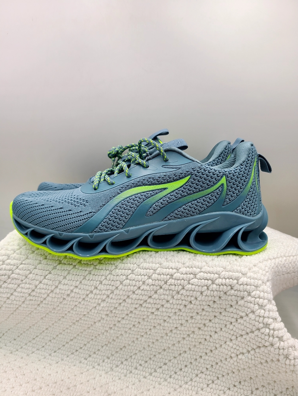 Blue Athletic Sneakers with Neon Green Accents
